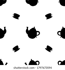 Seamless pattern with black tea pot and a cup silhouette. Alice in wonderland theamed background.
