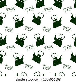 Seamless pattern black teapot and lettering tea. Vector illustration for your business.