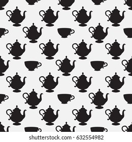 Seamless pattern with a black  teapots and cups on a light gray background