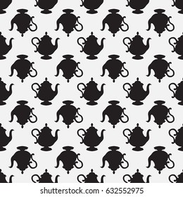 Seamless pattern with a black  teapots on a light gray background