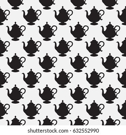 Seamless pattern with a black  teapots on a light gray background