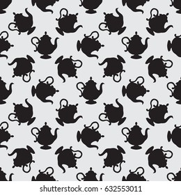 Seamless pattern with a black  teapots on a light gray background