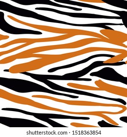 Seamless pattern with black tiger lion animal skin striped print texture fur on white background. Safari fauna vector illustration in flat style for textile fabric