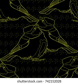 seamless pattern black tit  plump bird, looking up. vector illustration