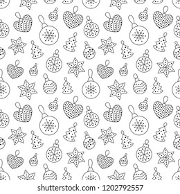 Seamless pattern with black toy balls, heart, star on white background. Flat line pine tree decoration icons, cute repeat wallpaper. Nice element for christmas banner, wrapping. New year ornament.