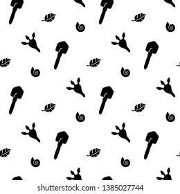 Seamless pattern with black traces, leaves, shovel, shell. Isolated on white background Vector Illustration for t-shirt, fabric, web, background