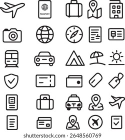A seamless pattern of black travel and vacation icons on a white background, featuring transportation, accommodation, and leisure activities for a global journey.