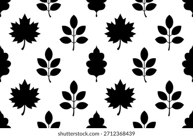 Seamless pattern of black tree leaves silhouettes on white background