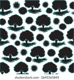 A seamless pattern of black tree silhouettes and abstract sunbursts on a white background, perfect for eco-themed designs.
