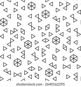 Seamless pattern with black triangles, hexagons and geometric elements on white background. Black outline elements in triangular grid. Could be used as print for textile, wallpaper, card, texture. 