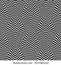 Seamless Pattern Of Black Trippy Stripes. Repeatable Optical Illusion Texture. Psychedelic Abstract Wallpaper.