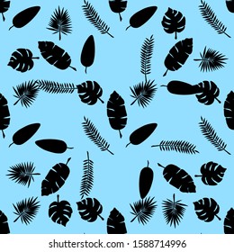 Seamless pattern with black tropical leaves on a blue background. Stock vector illustration for decoration and design, wrapping paper, fabric, postcards, posters, web pages and more