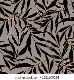 Seamless pattern with black tropical leaves on grey background and golden elements. Art deco style. Vector illustration. Luxury wallpaper. Fabric print. 