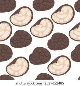 Seamless pattern. Black truffles mushrooms. Fresh sliced and whole truffles. Luxury organic food. Vector illustration on white background.