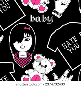 Seamless pattern with Black tshirt, emo girl, teddy bear toy, hand. Black Emo Goth background. Gothic aesthetic in y2k, 90s, 00s and 2000s style. Vector illustration