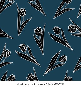 Patrón transparente de siluetas tulipanas negras con un contorno blanco sobre un fondo azul. Ilustración vectorial creativa para el diseño de postales, carteles, embalajes, textiles