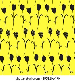Seamless pattern with black tulips on yellow background. Modern design for fabric and paper, surface textures.