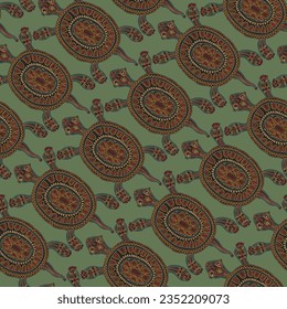 Seamless pattern from black turtles with colorful doodle ethnic ornaments on a turquoise background
