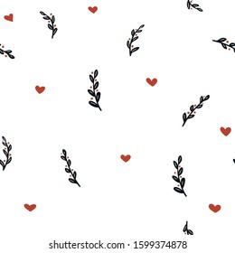 Seamless pattern with black twigs with berries and red hearts on a white background.Texture, paper, covers, prints, wallpapers, background.