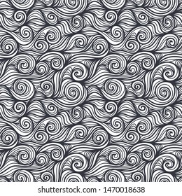 Seamless pattern with black twisted lines waves. Design for backdrops and colouring book with sea, rivers or water texture. Repeating texture. Print for the cover of the book, postcards.