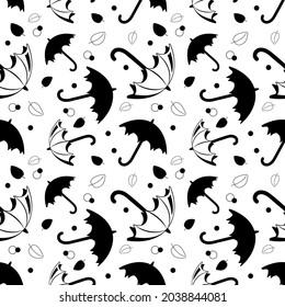 Seamless pattern and black umbrellas   leaves white background  Cute autumn print for textiles  wrapping paper   design