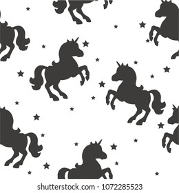 Seamless pattern with black unicorns,  stars on white background.