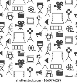 Seamless Pattern With Black Video Production Icons. Equipment For Photo Studio, Production Of Films And Advertising. Flat Vector Cartoon Illustration. Objects Isolated On A White Background.