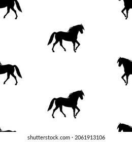 Seamless pattern with black walking horses silhouettes on white background. Vector illustration for baby, kids textile,  fabric. EPS 10