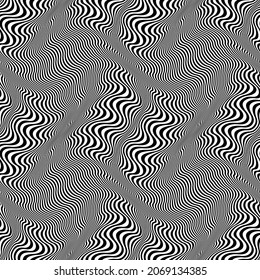 Seamless pattern of black warped wavy lines. Repeatable optical vibrant texture. Abstract zebra wallpaper.