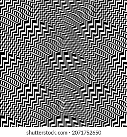 Seamless pattern of black warped zigzag stripes. Repeatable optical distorted texture. Psychedelic abstract wallpaper.