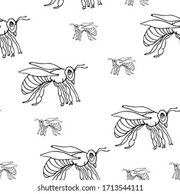 Seamless pattern of black wasp isolated on white background. Vector illustration of wasp insect in line simple style. 