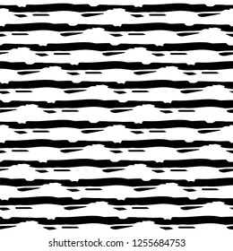 Seamless pattern with black watercolor stripes on white background in grunge style