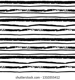 Seamless pattern with black watercolor stripes on white background in grunge style