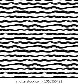 Seamless pattern with black watercolor waves on white background in grunge style