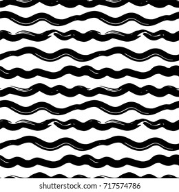 Seamless pattern black watercolor waves on a white background in grunge style