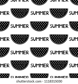 Seamless pattern with black watermelon slices and words summer on the white background. Vector illustration