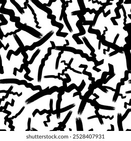 Nahtloses Muster mit schwarzen wellenförmigen Pinselstrichen in abstrakten Formen auf weißem Hintergrund. Vektorgrafik