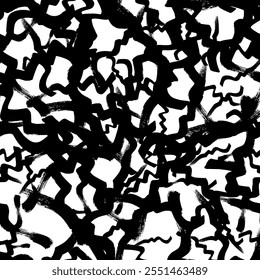 Seamless pattern with black wavy brush strokes in abstract shapes on white background. Vector illustration