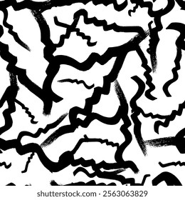 Seamless pattern with black wavy brush strokes in abstract shapes on white background. Vector illustration