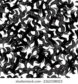 Seamless pattern with black wavy grunge brush strokes in abstract shapes on white background. Vector illustration