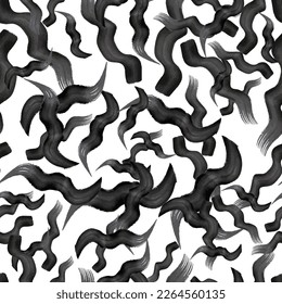 Seamless pattern with black wavy grunge brush strokes in abstract shapes on white background. Vector illustration