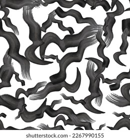 Seamless pattern with black wavy grunge brush strokes in abstract shapes on white background. Vector illustration