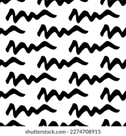 Seamless pattern with black wavy grunge brush strokes in abstract shapes on white background. Vector illustration
