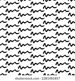 Seamless pattern with black wavy grunge brush strokes in abstract shapes on white background. Vector illustration