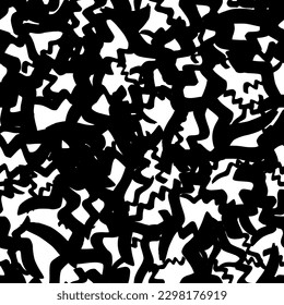 Seamless pattern with black wavy grunge brush strokes in abstract shapes on white background. Vector illustration