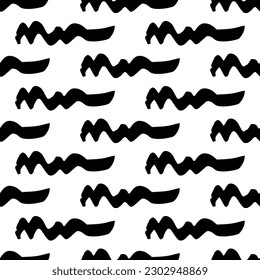 Seamless pattern with black wavy grunge brush strokes in abstract shapes on white background. Vector illustration