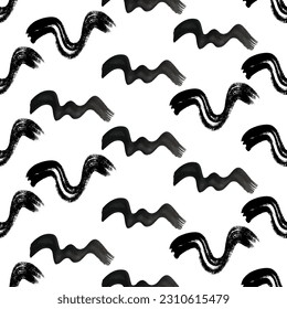 Seamless pattern with black wavy grunge brush strokes in abstract shapes on white background. Vector illustration