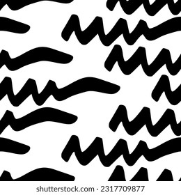 Seamless pattern with black wavy grunge brush strokes in abstract shapes on white background. Vector illustration