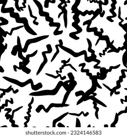 Seamless pattern with black wavy grunge brush strokes in abstract shapes on white background. Vector illustration