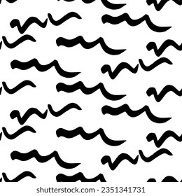 Seamless pattern with black wavy grunge brush strokes in abstract shapes on white background. Vector illustration